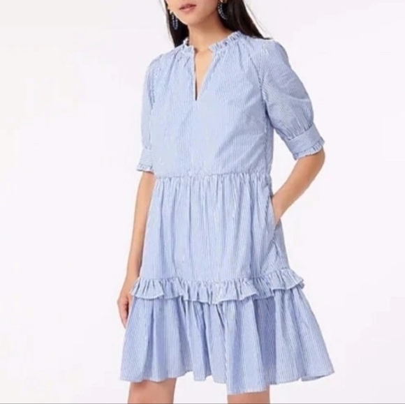 J. Crew Dresses & Skirts - J.Crew Blue Striped Ruffle Tiered Midi Dress Size M Coastal Grandma Cottagecore
